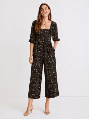 Madewell Lucie Elbow-Sleeve Smocked Wide-Leg Floral Jumpsuit Black Size 10